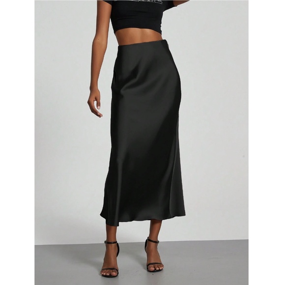 Black Satin A-Line Skirt High Waisted Long - Picture 1 of 12
